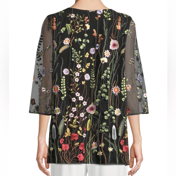 Caroline Rose Garden Walk Embroidered Tunic Sheer 3/4 Sleeves Floral Black Multi - Picture 2 of 10